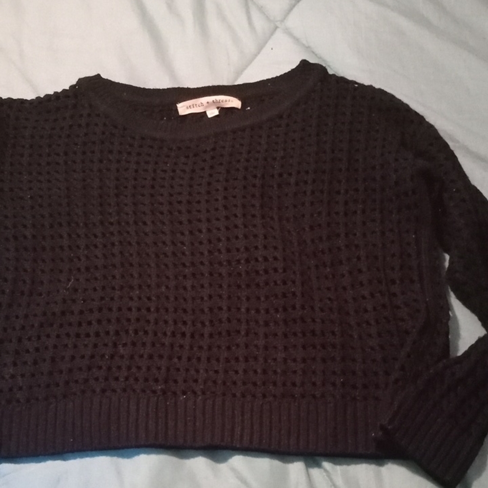 Chelsea & Violet Black Crew Neck Sweater with Textured Knit